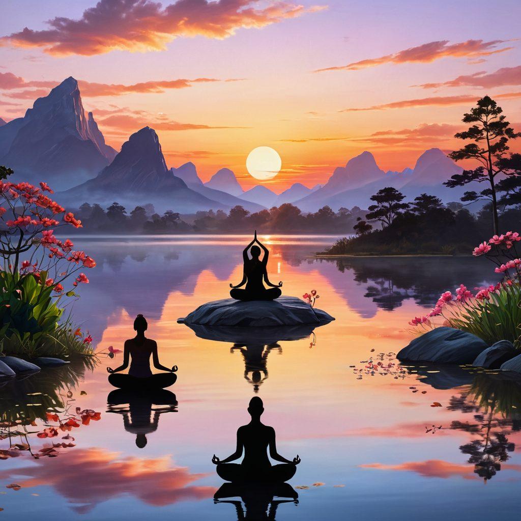 A serene landscape incorporating a peaceful sunset over a tranquil lake, with silhouettes of individuals engaging in yoga and meditation. Add floating elements like blooming lotus flowers and soft clouds symbolizing emotional healing. The setting should convey harmony and tranquility, reflecting mental wellness and self-care. super-realistic. vibrant colors. soothing palette.