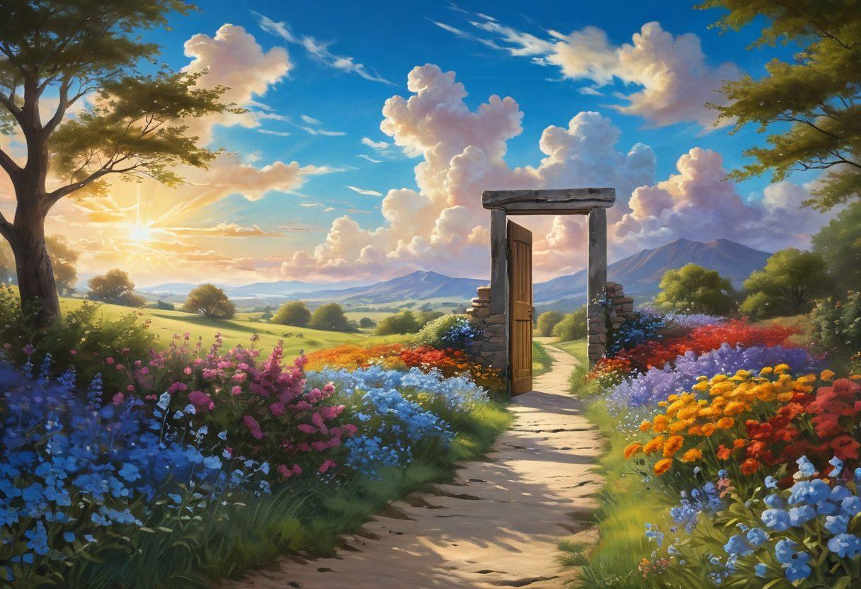 A serene landscape featuring an open door leading to a sunlit path, symbolizing the journey to joy and mental wellness. The scene includes soft clouds in a blue sky, vibrant flowers lining the path, and silhouettes of people holding hands, representing support and connections. Gentle warm colors to evoke feelings of happiness and peace. super-realistic. vibrant colors. serene atmosphere.