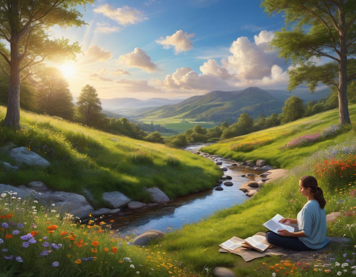 A serene scene featuring a person meditating on a lush green hill, surrounded by vibrant wildflowers and softly glowing sunlight filtering through trees. Nearby, a tranquil stream flows, symbolizing self-care, with a journal and herbal tea resting on a rock. In the background, a clear blue sky with fluffy white clouds enhances a sense of peace and happiness. super-realistic. vibrant colors. peaceful atmosphere.